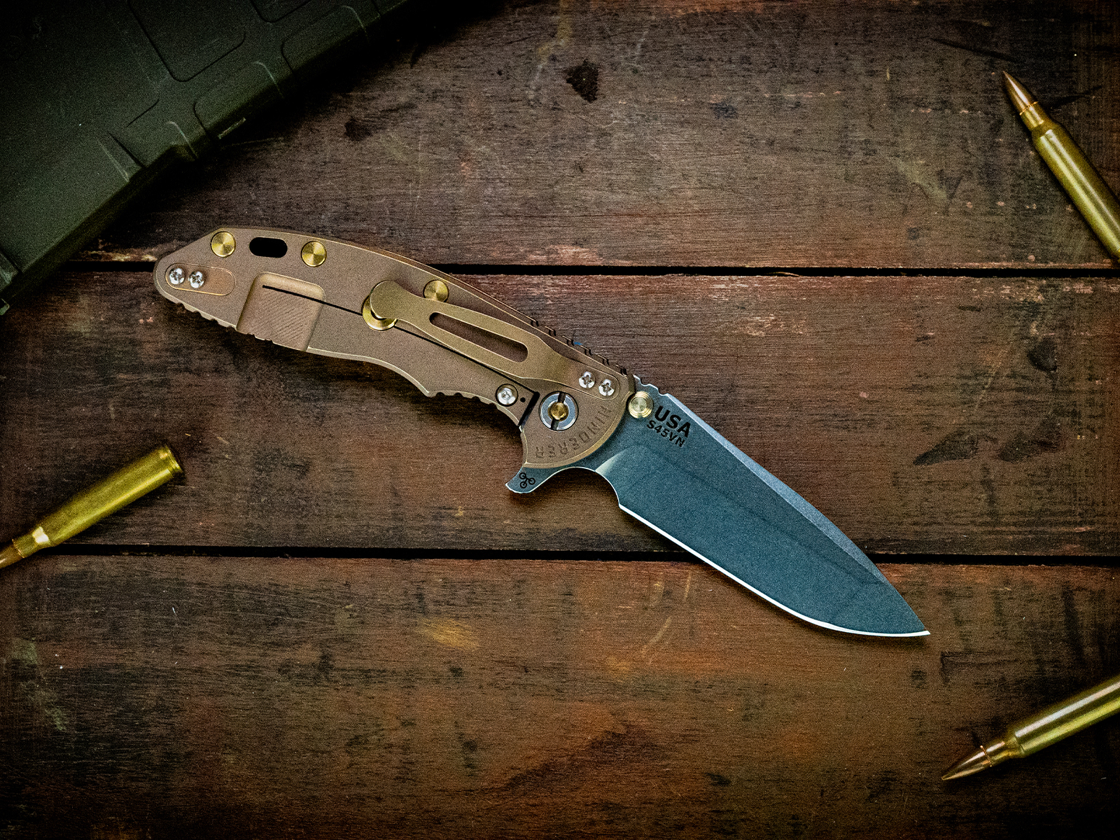 ExpProductCell_XM-18 3.5" Spanto-S45VN-Stonewash Blade-Battle Rose Gold-Red/Black G10-Brass Hardware/Ti TS