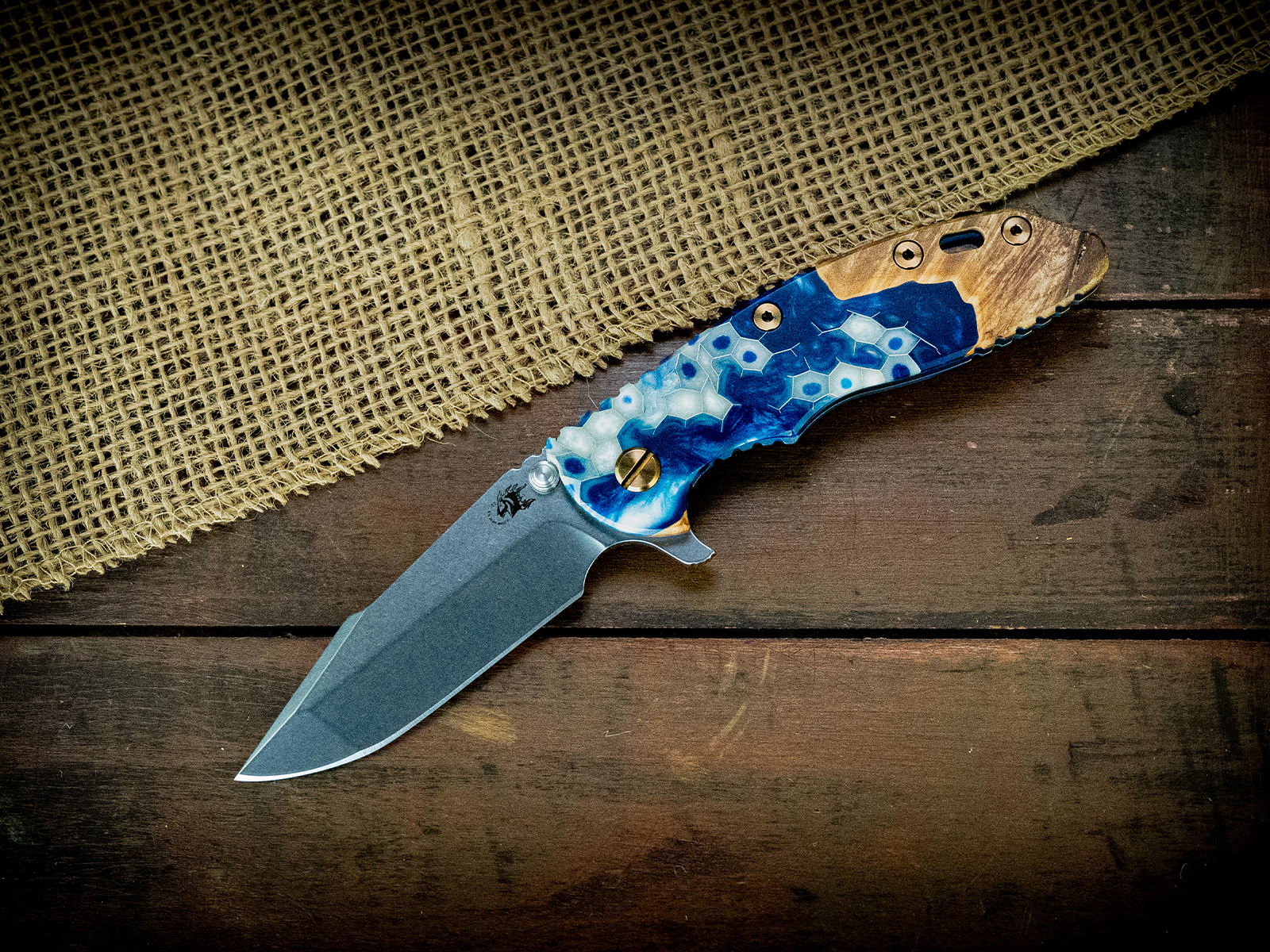 XM-18 3.5" Harpoon Spanto-S45VN-Stonewash Blade-Honeycomb Fade-Battle Blue-Bronze Ti Hardware XM-18 3.5" Harpoon Spanto-S45VN-Stonewash Blade-Honeycomb Fade-Battle Blue-Bronze Ti Hardware