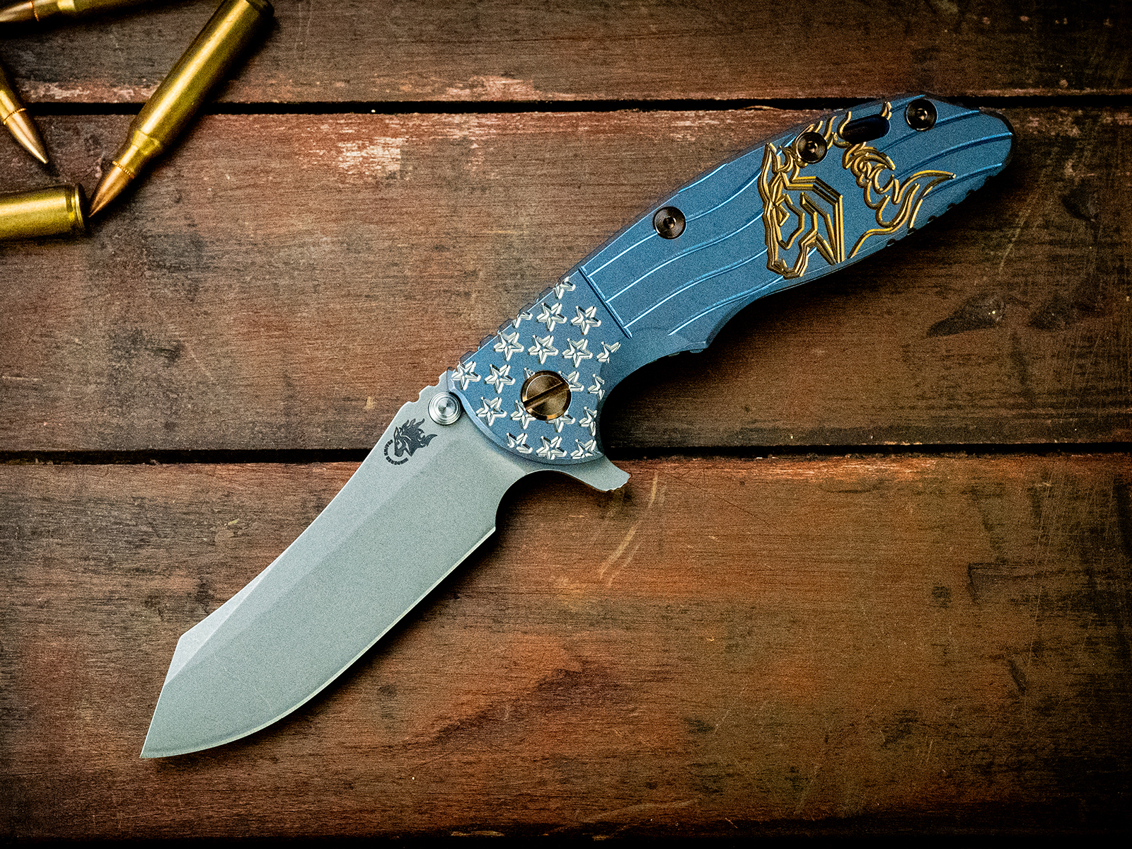 XM-18 3.5"-S45VN-Skinner-Battle Blue-Stars and Stripe Scale-Bronze Ti Hardware XM-18 3.5"-S45VN-Skinner-Battle Blue-Stars and Stripe Scale-Bronze Ti Hardware
