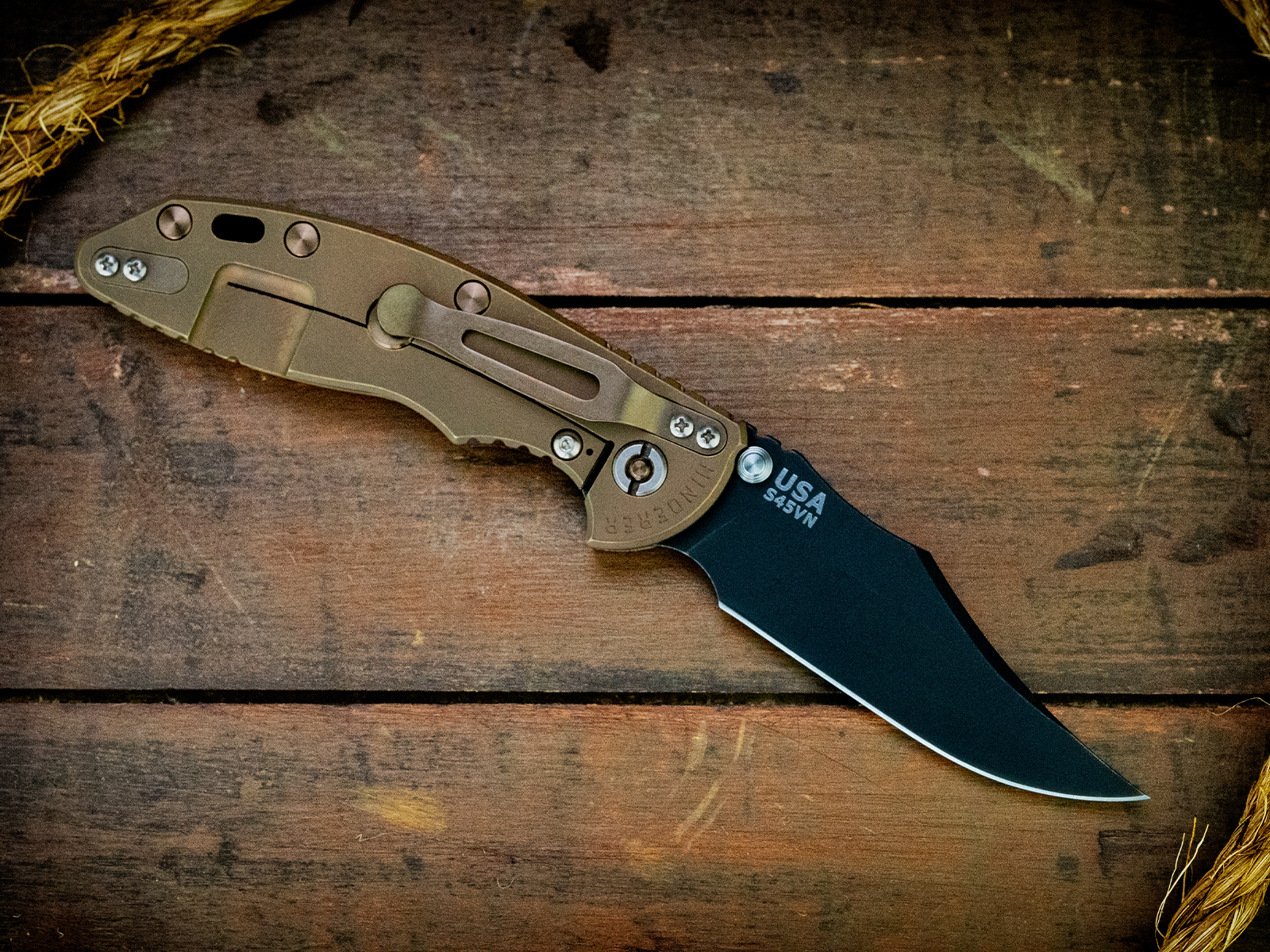 XM-18 3.5"-Non Flipper-Bowie-Battle Black Blade-Battle Rose Gold-Textured Burgundy Micarta-Bronze Ti Hardware XM-18 3.5"-Non Flipper-Bowie-Battle Black Blade-Battle Rose Gold-Textured Burgundy Micarta-Bronze Ti Hardware