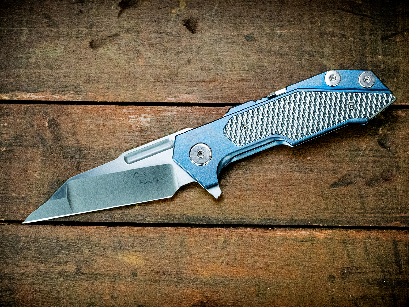 Rick Hinderer Custom - Full Track - Compound Wharncliffe - Stonewash Blue - Polished Ti Inserts and Hardware Rick Hinderer Custom - Full Track - Compound Wharncliffe - Stonewash Blue - Polished Ti Inserts and Hardware