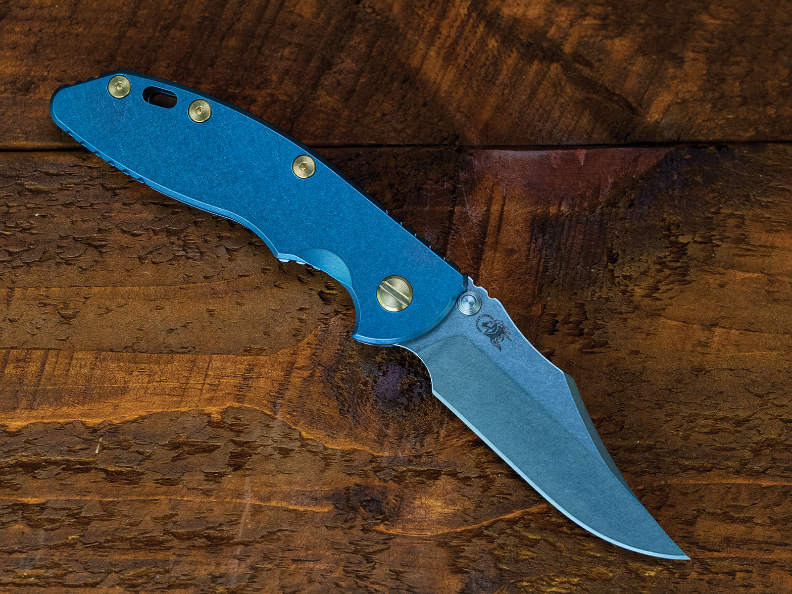 XM-18 3.5" Non-Flipper Bowie-S45VN-Smooth Full Ti - Blue Ano-Brass Hardware-Left Handed