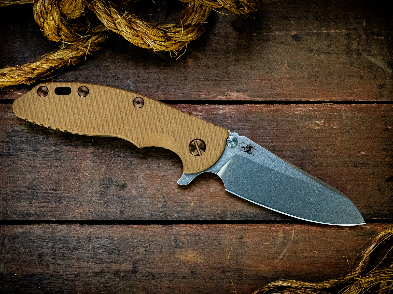 XM-18 3.5"-S45VN-Sheepsfoot-Stonewash Blade-Battle Bronze/Rose Gold-Coyote G10-Bronze Ti hardware-LEFT HANDED