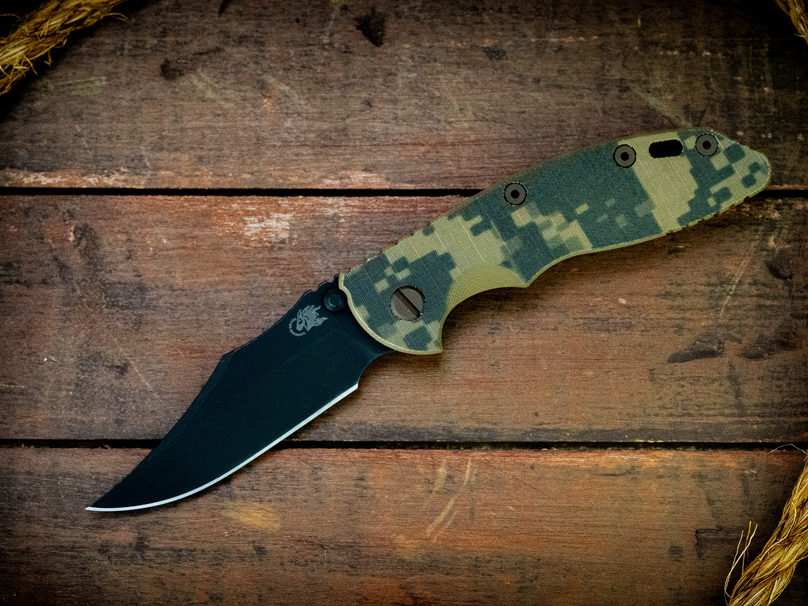 XM-18 3.5"-Non Flipper-Bowie-Battle Black Blade-Battle Bronze-Camo G10-WF Bronze Ti Hardware XM-18 3.5"-Non Flipper-Bowie-Battle Black Blade-Battle Bronze-Camo G10-WF Bronze Ti Hardware