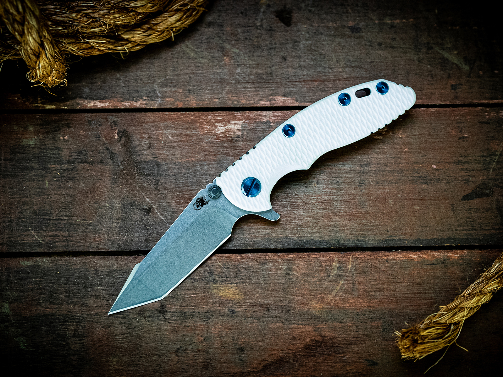 XM-18 3" Harpoon Tanto-S45VN-Stonewash Blade-Working Finish Dark Blue-White G10-Titanium Blue Hardware XM-18 3" Harpoon Tanto-S45VN-Stonewash Blade-Working Finish Dark Blue-White G10-Titanium Blue Hardware