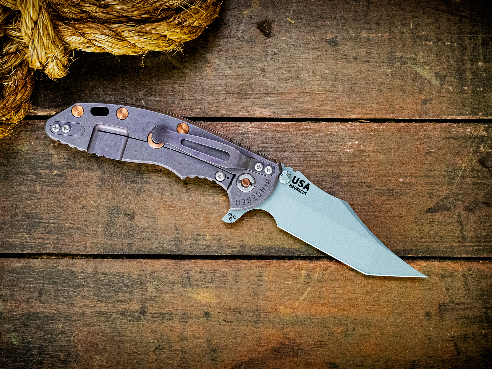 XM-18 3.5" Aggressor-Magnacut-Bead Blast Purple-Cocobolo-Copper Hardware XM-18 3.5" Aggressor-Magnacut-Bead Blast Purple-Cocobolo-Copper Hardware