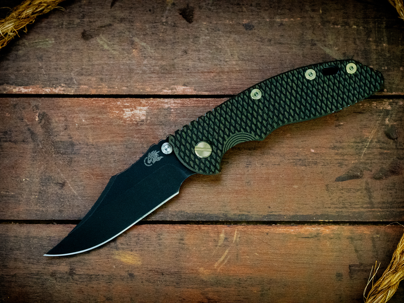 XM-18 3.5"-Non Flipper-Bowie-Battle Black Blade-Stonewash Light-OD Green/Black G10-Green Ti Hardware XM-18 3.5"-Non Flipper-Bowie-Battle Black Blade-Stonewash Light-OD Green/Black G10-Green Ti Hardware
