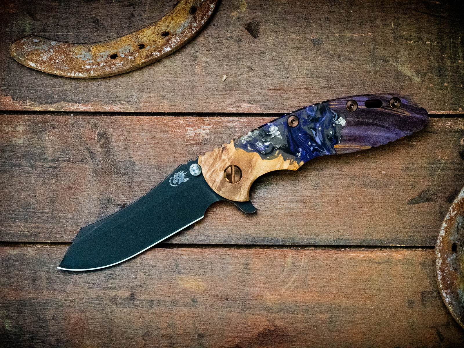 XM-18 3.5"-S45VN-Skinner-Battle Black-Wood/Resin-Bronze Ti/Purple Alum Standoffs XM-18 3.5"-S45VN-Skinner-Battle Black-Wood/Resin-Bronze Ti/Purple Alum Standoffs