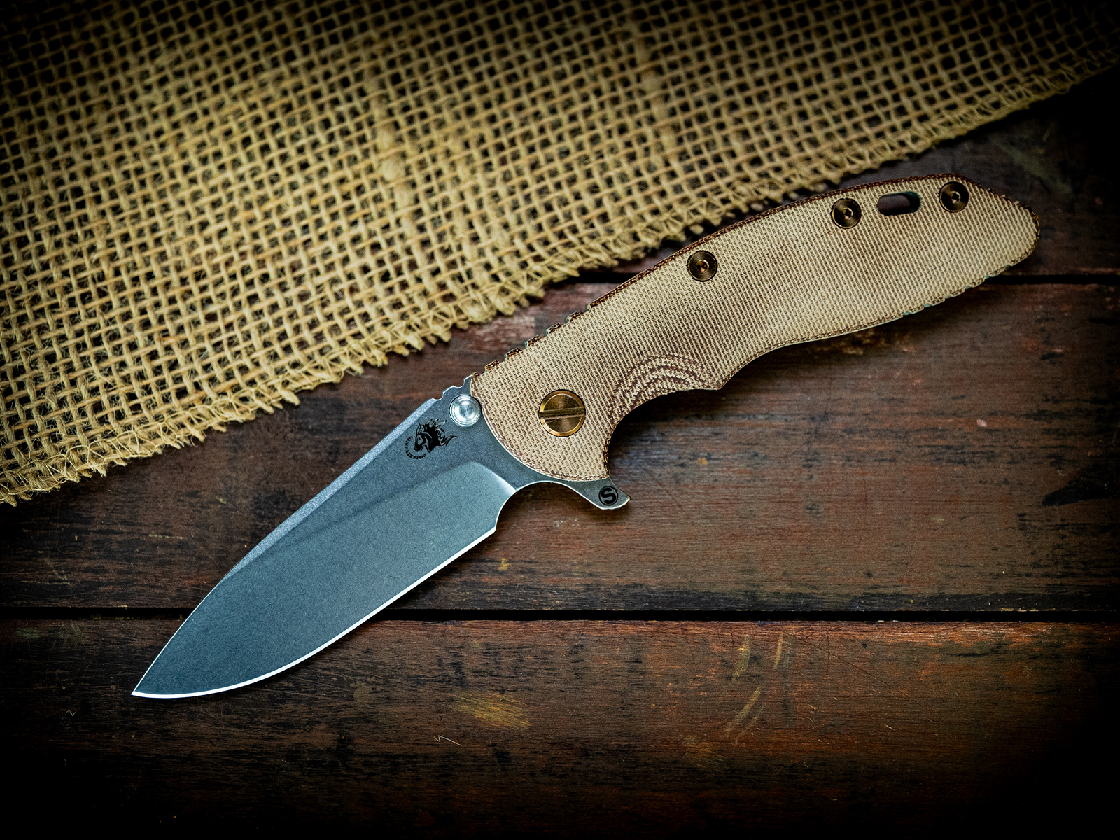 XM-18 3.5" Skinny Slicer-Flat Ground-Stonewash Blade-Working Finish -Smooth Natural Micarta-Bronze Ti Hardware
