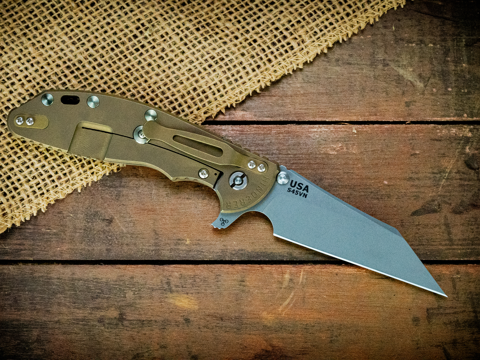 XM-24 Wharncliffe Skinny-S45VN-Working Finish Bronze/Gold-Coyote G10-Green Ti Hardware XM-24 Wharncliffe Skinny-S45VN-Working Finish Bronze/Gold-Coyote G10-Green Ti Hardware