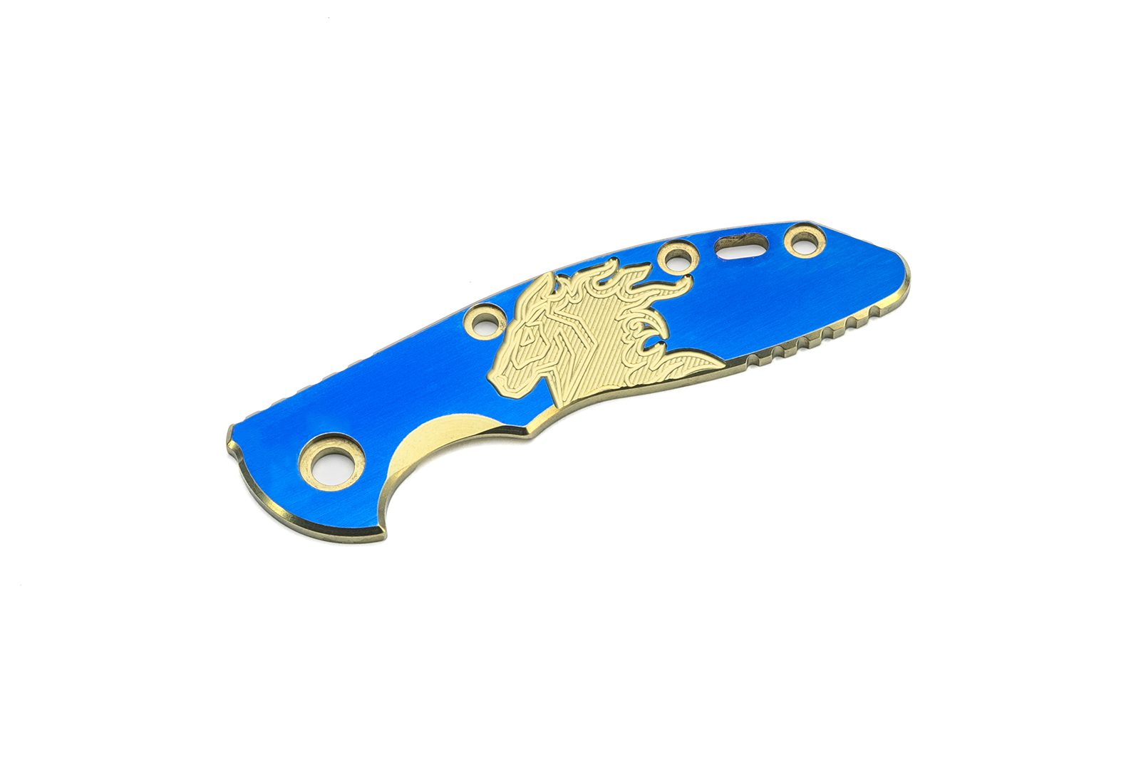 3.0" XM18 Titanium Scale-Engraved Gold Horse Logo-Smooth Satin Blue 3.0" XM18 Titanium Scale-Engraved Gold Horse Logo-Smooth Satin Blue