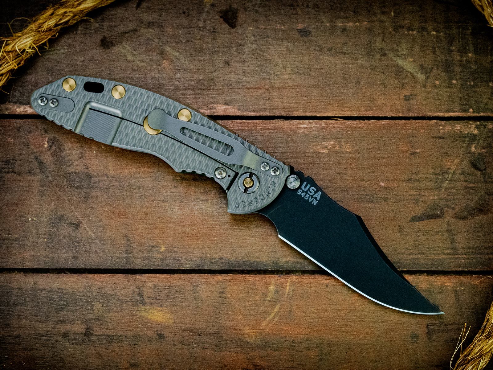 XM-18 3.5"-Non Flipper-Bowie-Battle Black Blade-Textured Bead Blast-Dark Green G10-Brass Hardware XM-18 3.5"-Non Flipper-Bowie-Battle Black Blade-Textured Bead Blast-Dark Green G10-Brass Hardware