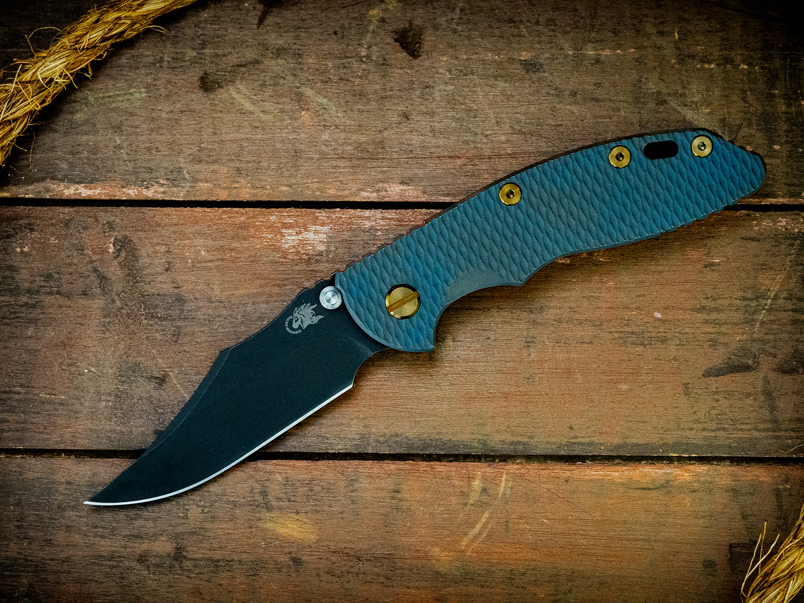 XM-18 3.5"-Non Flipper-Bowie-Battle Black Blade-Full Textured Ti Working Finish Blue-Bronze Ti Hardware XM-18 3.5"-Non Flipper-Bowie-Battle Black Blade-Full Textured Ti Working Finish Blue-Bronze Ti Hardware