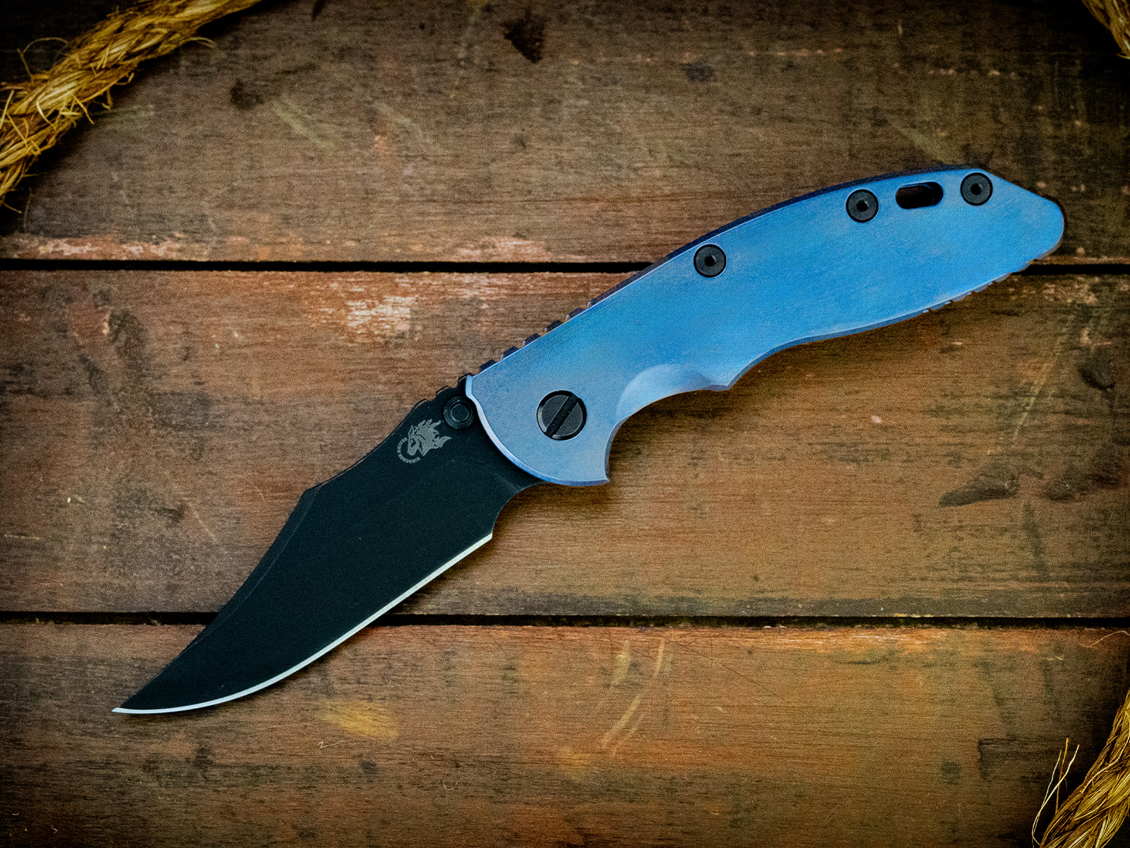 XM-18 3.5"-Non Flipper-Bowie-Battle Black Blade-Full Ti Smooth Stonewash Blue-Black Nitride Hardware XM-18 3.5"-Non Flipper-Bowie-Battle Black Blade-Full Ti Smooth Stonewash Blue-Black Nitride Hardware