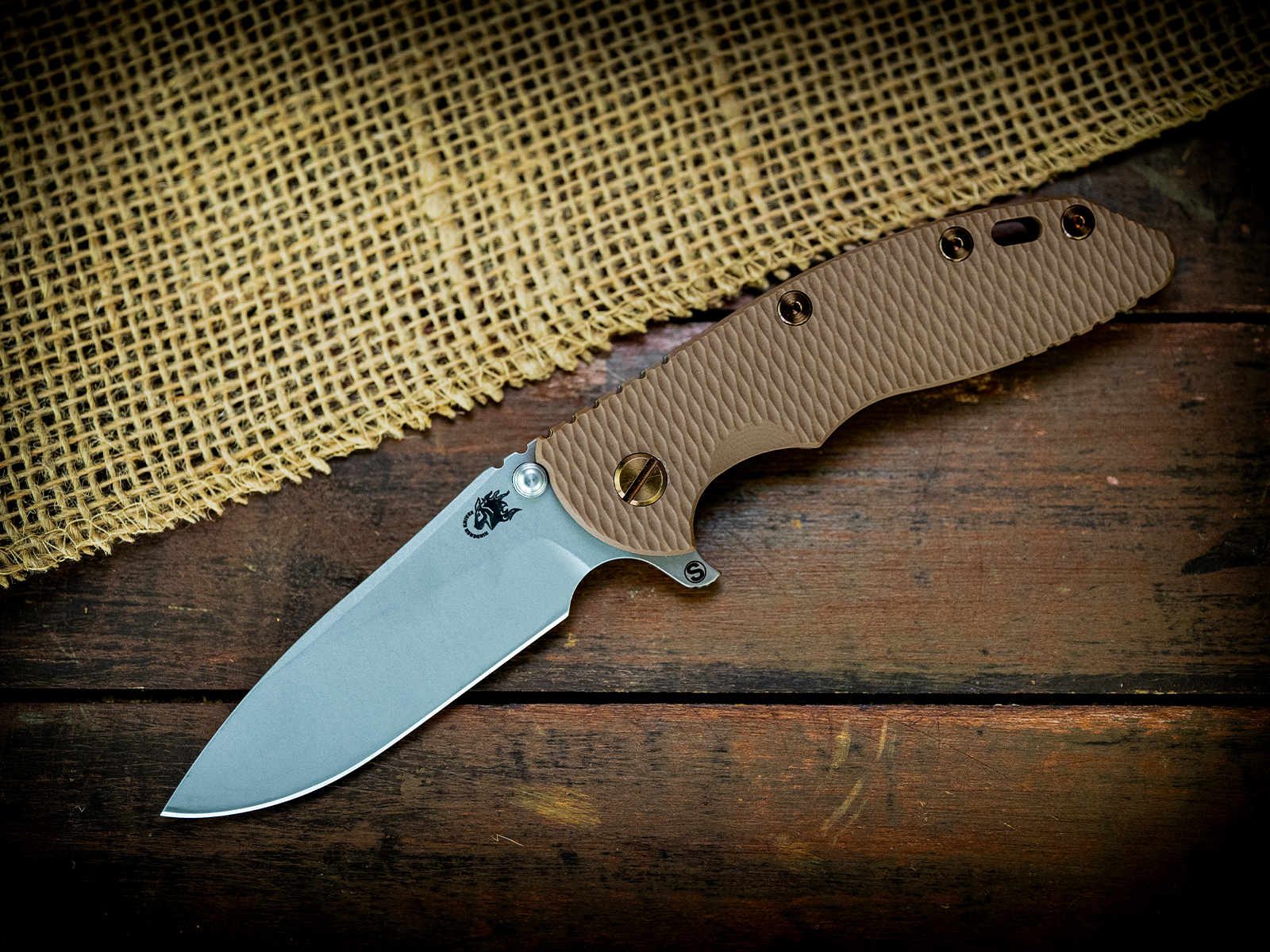 XM-18 3.5" Skinny Slicer-Flat Ground-Battle Bronze-FDE G10-Bronze Ti Hardware XM-18 3.5" Skinny Slicer-Flat Ground-Battle Bronze-FDE G10-Bronze Ti Hardware