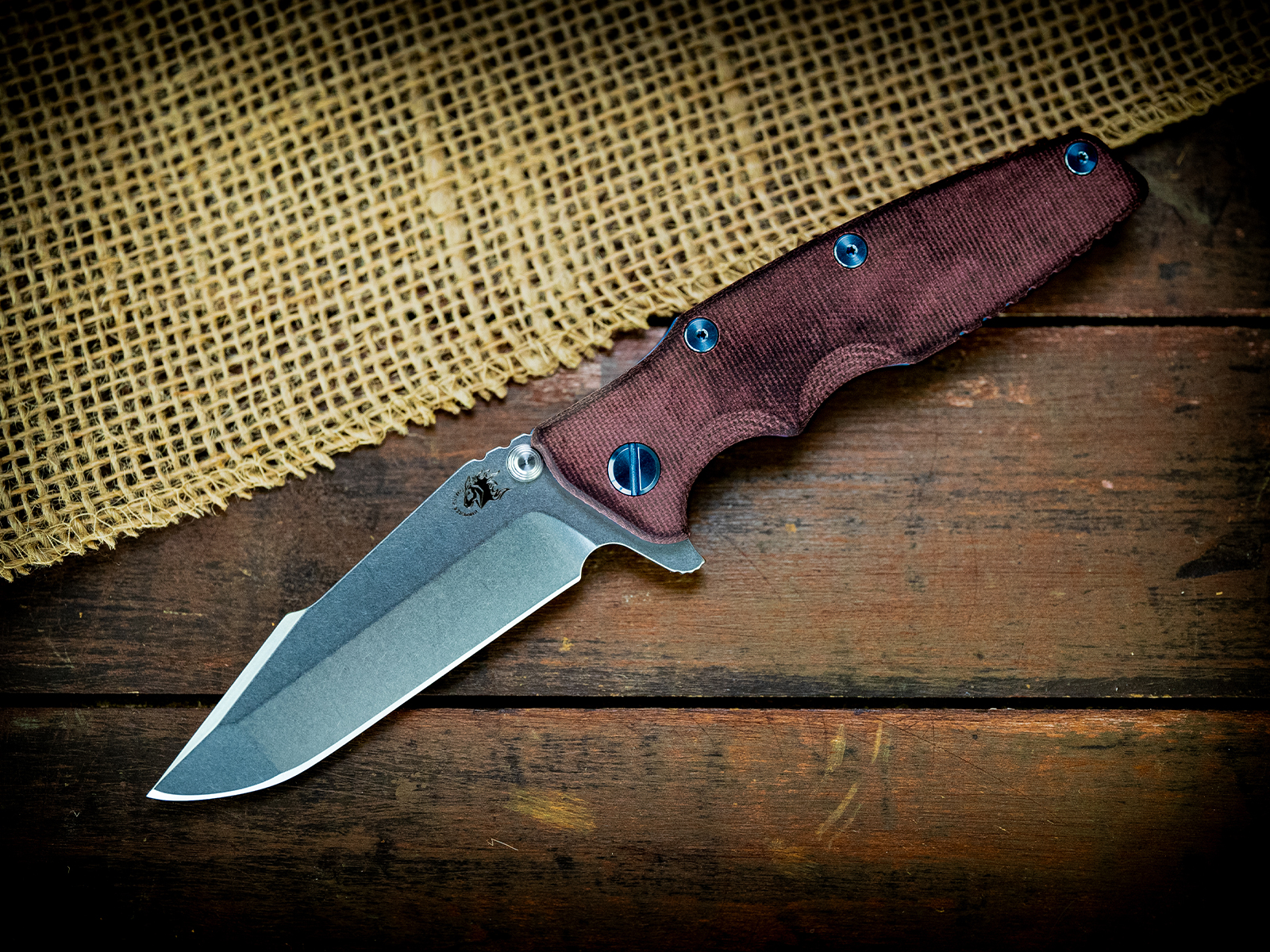 Eklipse-S45VN-Harpoon Spanto-Stonewash Blue/Purple-Smooth Burgundy Micarta-Light Blue Ti Hardware Eklipse-S45VN-Harpoon Spanto-Stonewash Blue/Purple-Smooth Burgundy Micarta-Light Blue Ti Hardware