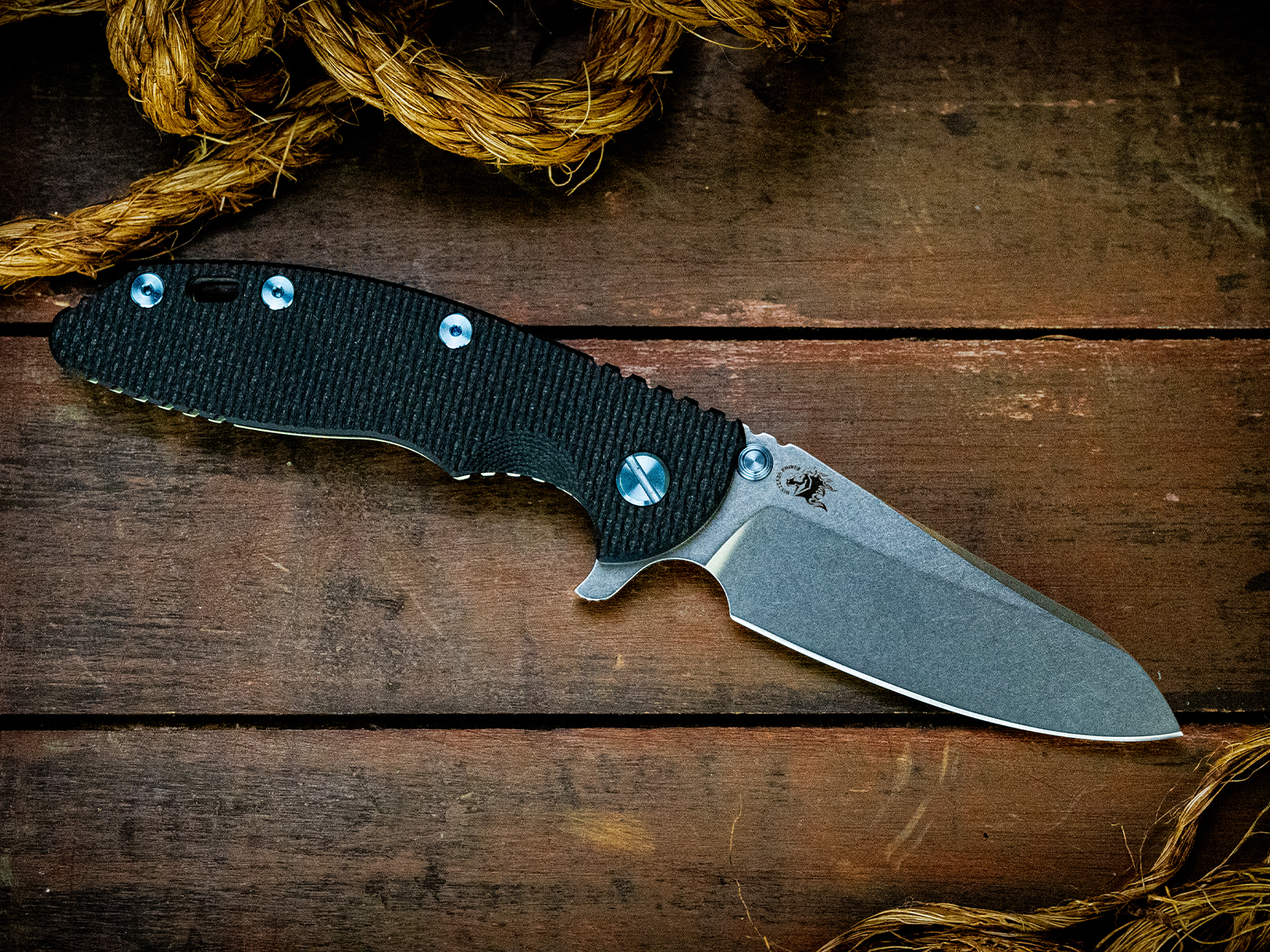 XM-18 3.5"-S45VN-Sheepsfoot-Stonewash Gold/Green-Black G10-Light Blue Ti Hardware/TS-LEFT HANDED