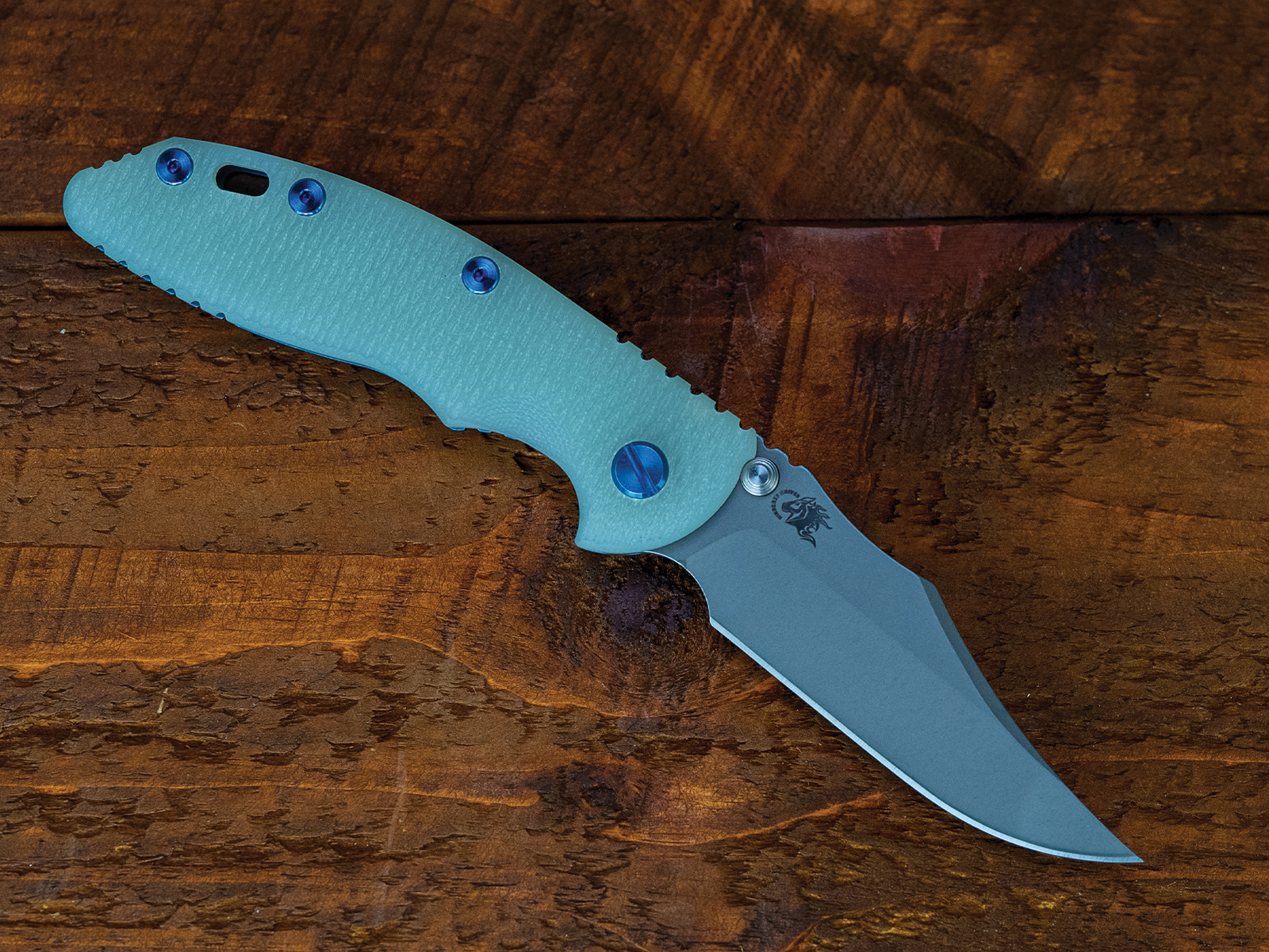 ExpProductCell_XM-18 3.5" Non-Flipper Bowie-S45VN-Working Finish Blue-Translucent Green G10-Blue Ti Hardware-Left Handed