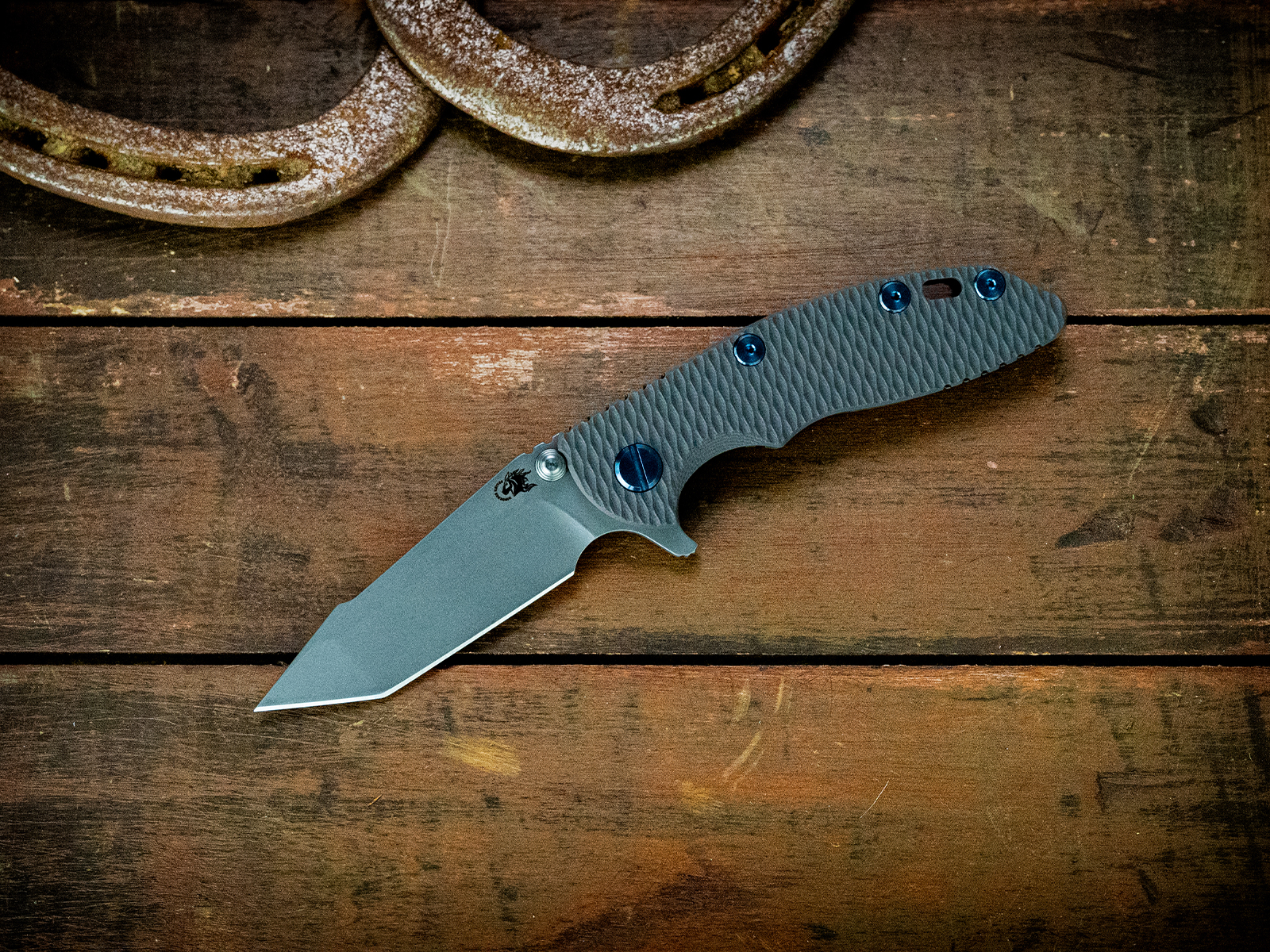 ExpProductCell_XM-18 3" Harpoon Tanto-S45VN-Battle Black-Working Finish Blade-Grey G10-Blue Ti Hardware