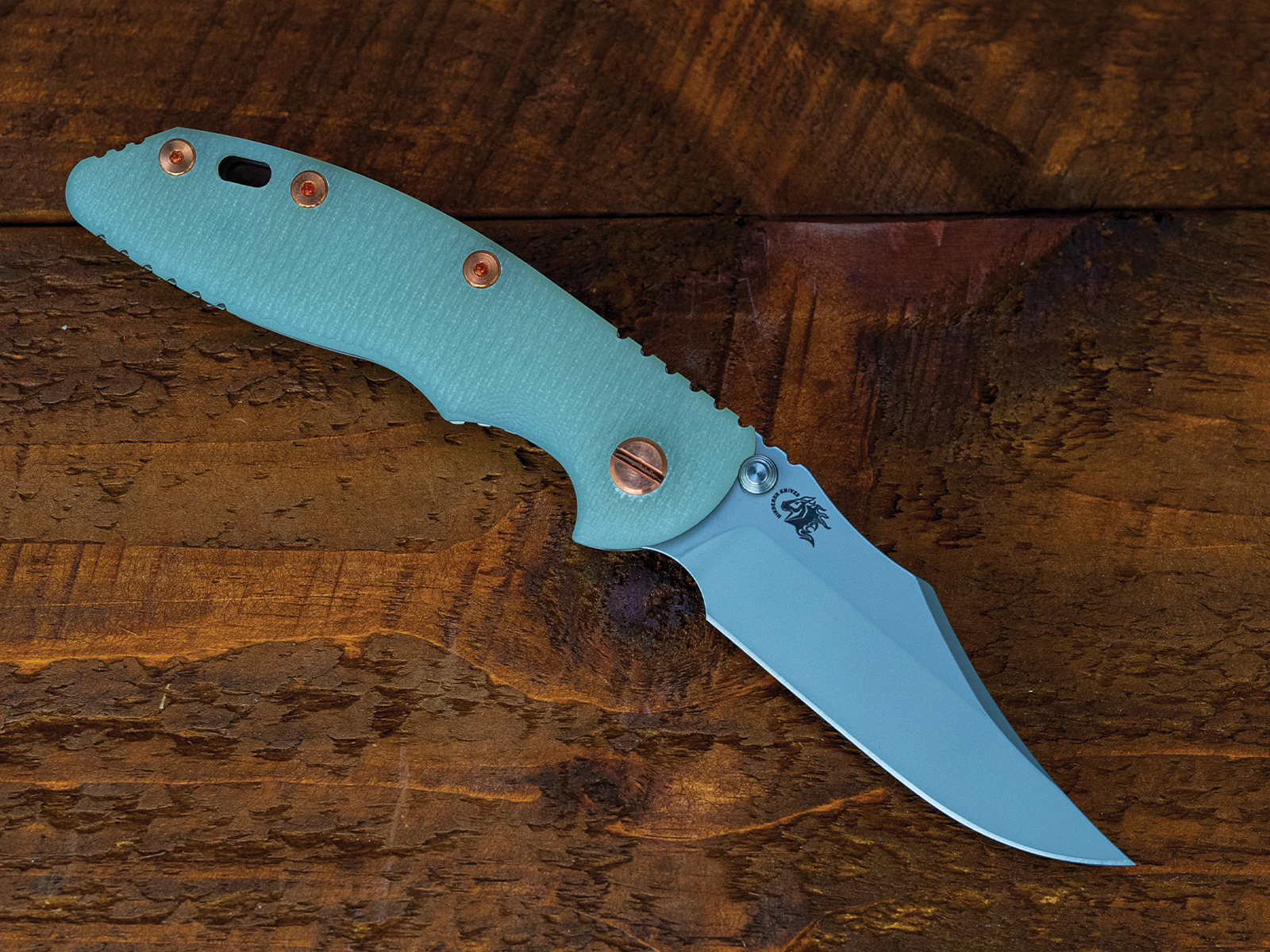 XM-18 3.5" Non-Flipper Bowie-S45VN-Bead Blast Bronze-Translucent Green G10-Copper Hardware-Left Handed XM-18 3.5" Non-Flipper Bowie-S45VN-Bead Blast Bronze-Translucent Green G10-Copper Hardware-Left Handed