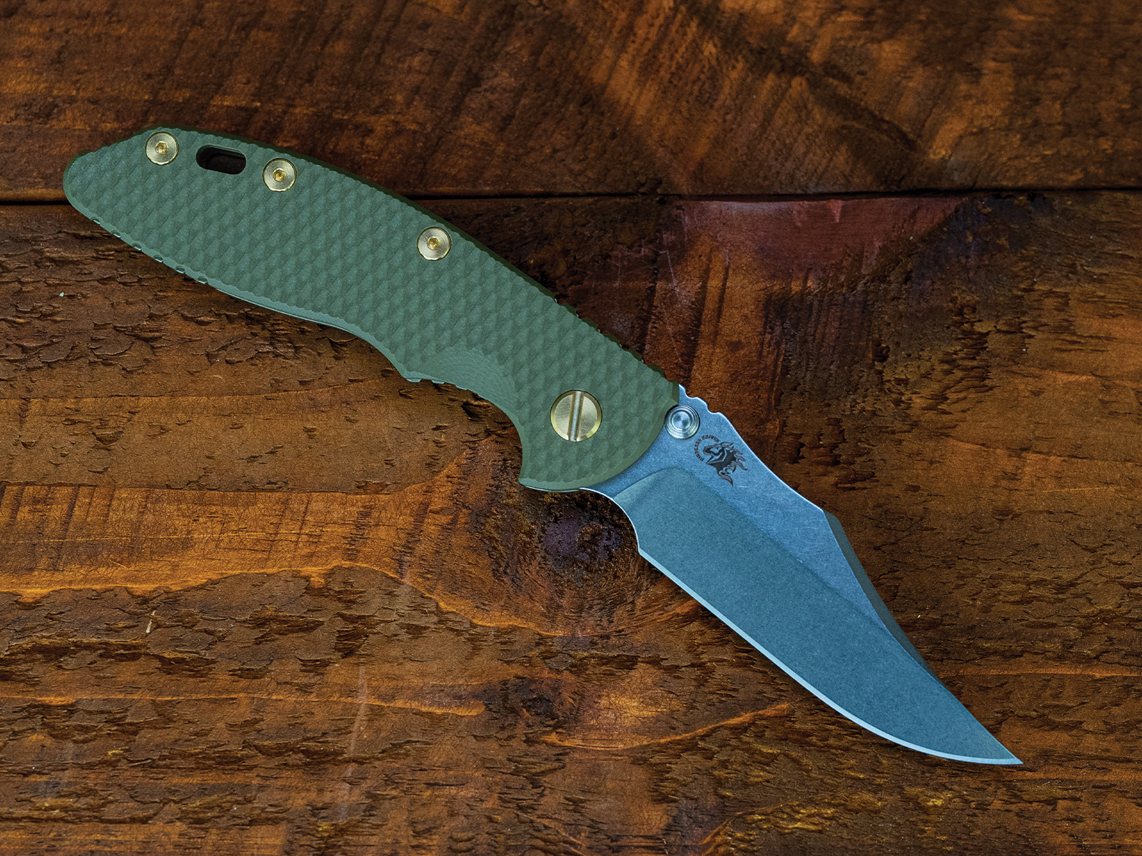 ExpProductCell_XM-18 3.5" Non-Flipper Bowie-S45VN-Stonewash Blade-Battle Green-OD Green G10-Brass Hardware-Left Handed