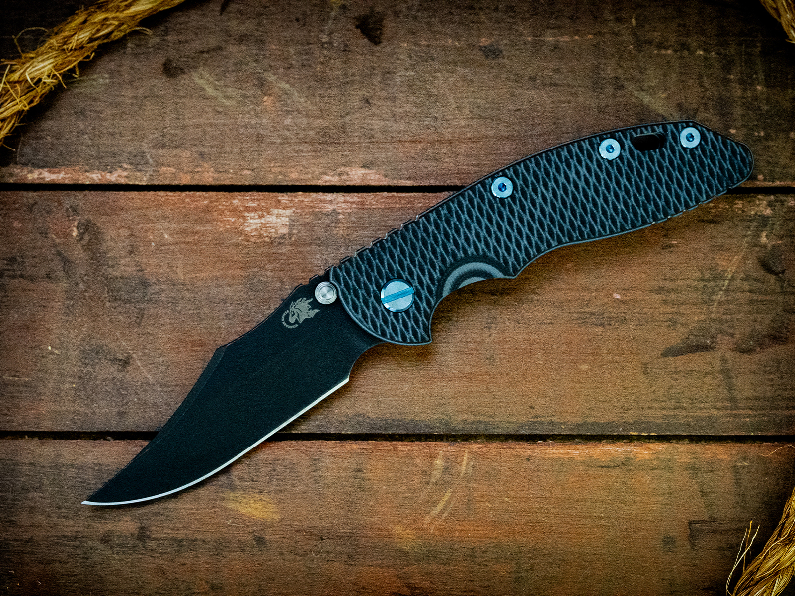 XM-18 3.5"-Non Flipper-Bowie-Battle Black Blade-Stonewash-Grey/Black G10-Blue TI Hardware XM-18 3.5"-Non Flipper-Bowie-Battle Black Blade-Stonewash-Grey/Black G10-Blue TI Hardware
