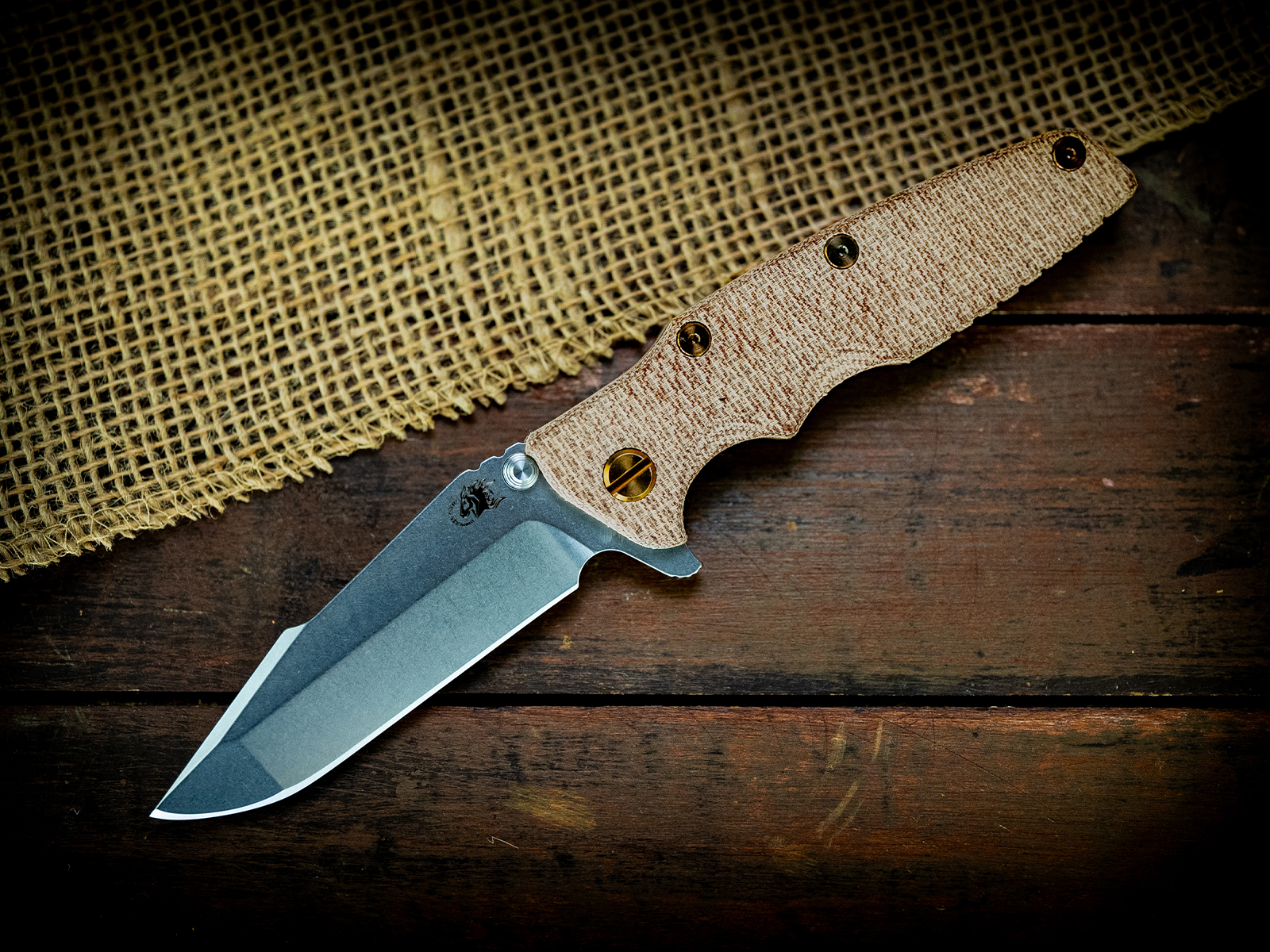 Eklipse-S45VN-Harpoon Spanto-Stonewash Blade-Bead Blast Bronze-Textured Natural Micarta-Bronze Ti Hardware Eklipse-S45VN-Harpoon Spanto-Stonewash Blade-Bead Blast Bronze-Textured Natural Micarta-Bronze Ti Hardware