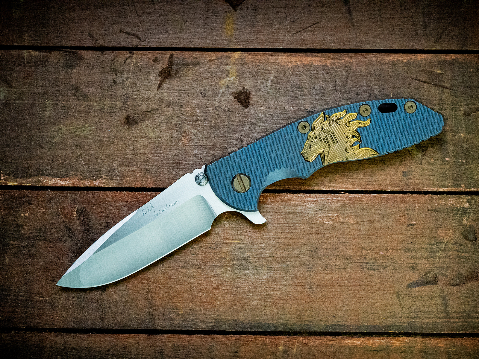 Rick Hinderer Custom - XM-18 3.5 - Spanto - Milled Ti Horsehead Bead Blast Blue/Bronze Rick Hinderer Custom - XM-18 3.5 - Spanto - Milled Ti Horsehead Bead Blast Blue/Bronze
