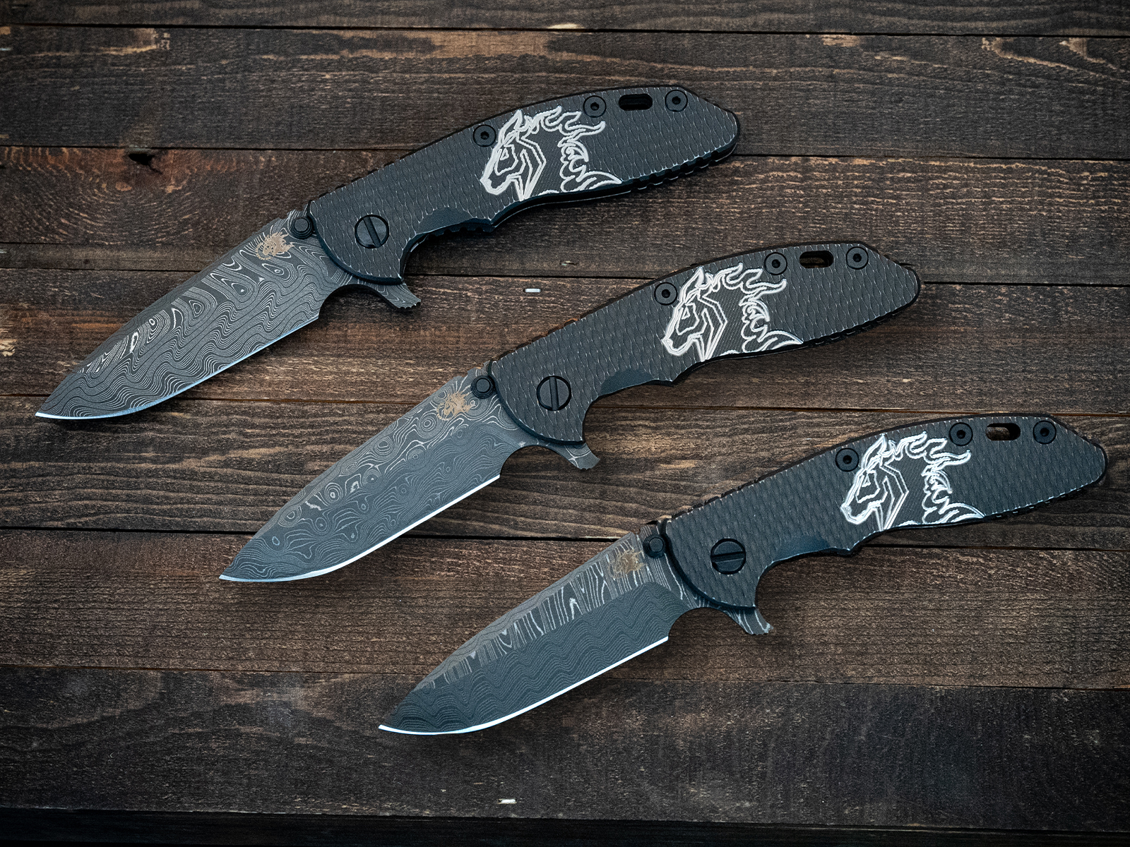 ExpProductCell_XM-18 3.5" Spanto-Stainless Steel Damascus-Battle Black Milled Horsehead Scale-Battle Black Nitride Hardware-Horsehead Handle Nuts