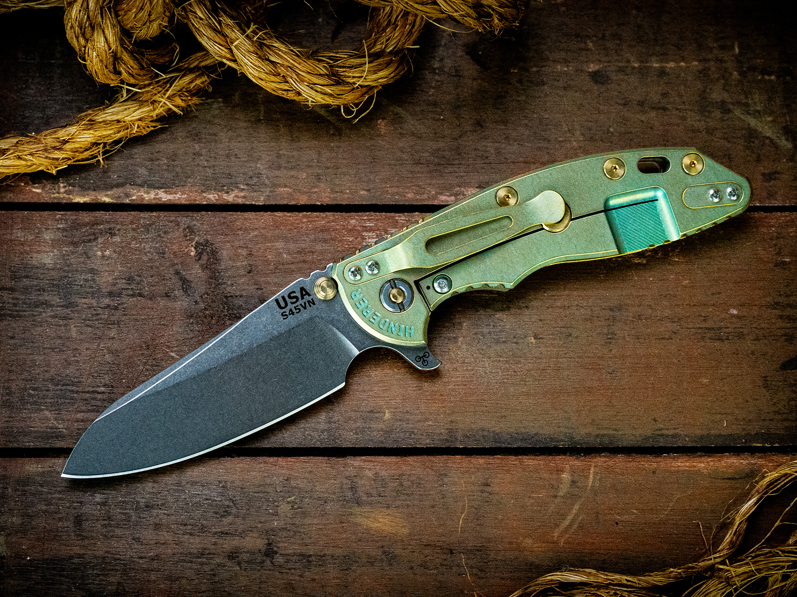 XM-18 3.5"-S45VN-Sheepsfoot-Stonewash Blade-Green/Gold-Translucent Green G10-Brass Hardware-LEFT HANDED