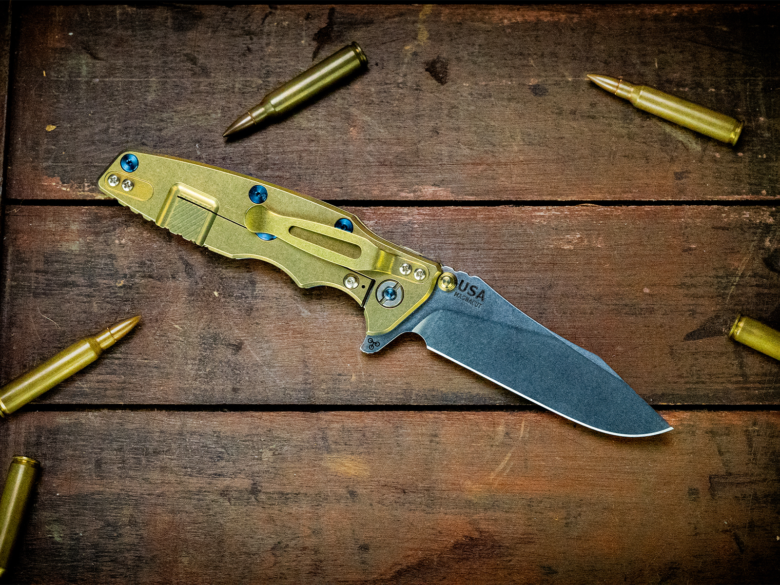 Eklipse 3.5" Skinny Slicer-Hollow Ground-Magnacut-Stonewash Gold-Blue G10-Blue Ti Hardware-Ti Thumbstud Eklipse 3.5" Skinny Slicer-Hollow Ground-Magnacut-Stonewash Gold-Blue G10-Blue Ti Hardware-Ti Thumbstud