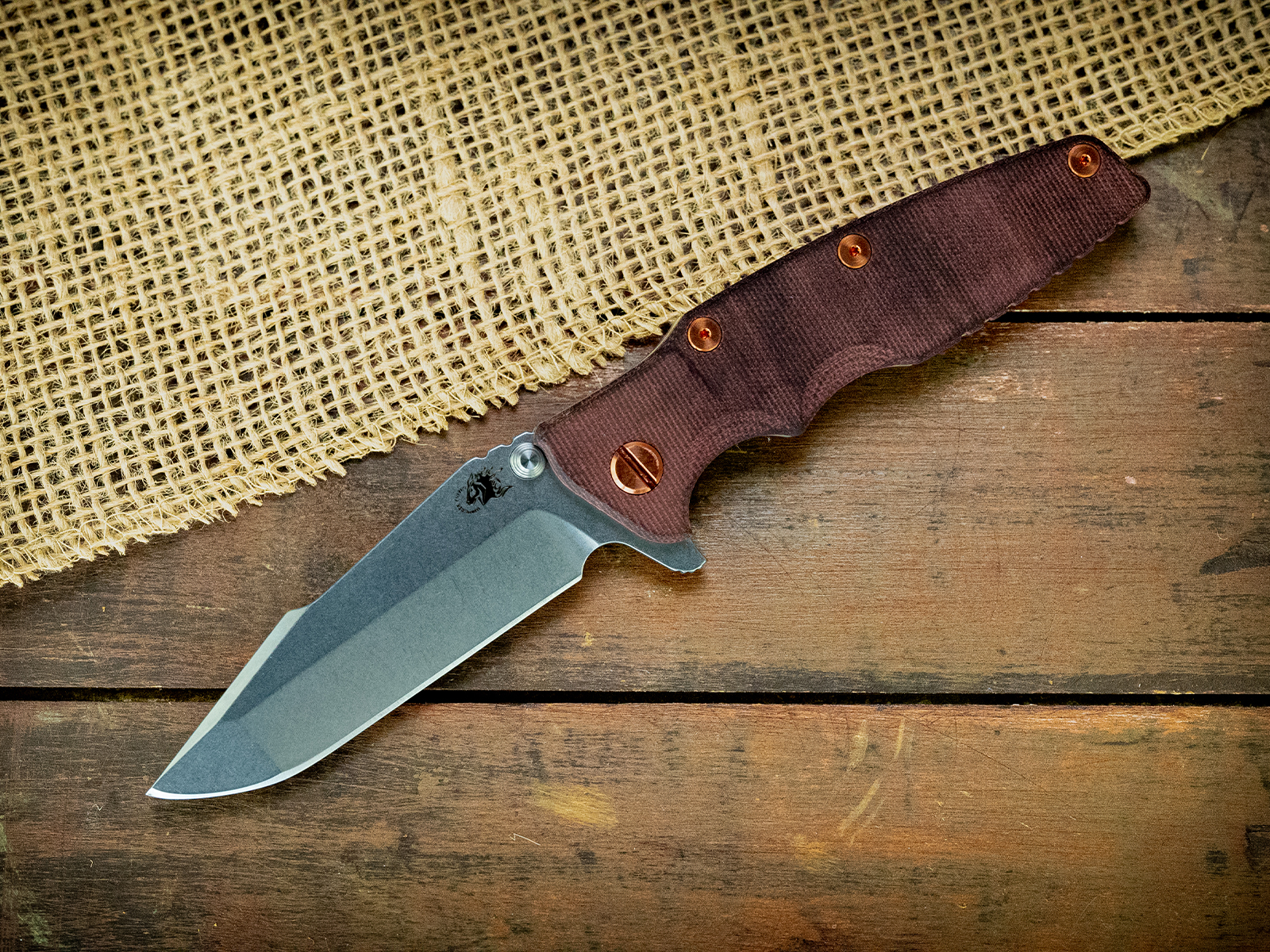 Eklipse-S45VN-Harpoon Spanto-Stonwash Blade-Bead Blast Gold-Smooth Burgundy Micarta-Copper Hardware Eklipse-S45VN-Harpoon Spanto-Stonwash Blade-Bead Blast Gold-Smooth Burgundy Micarta-Copper Hardware