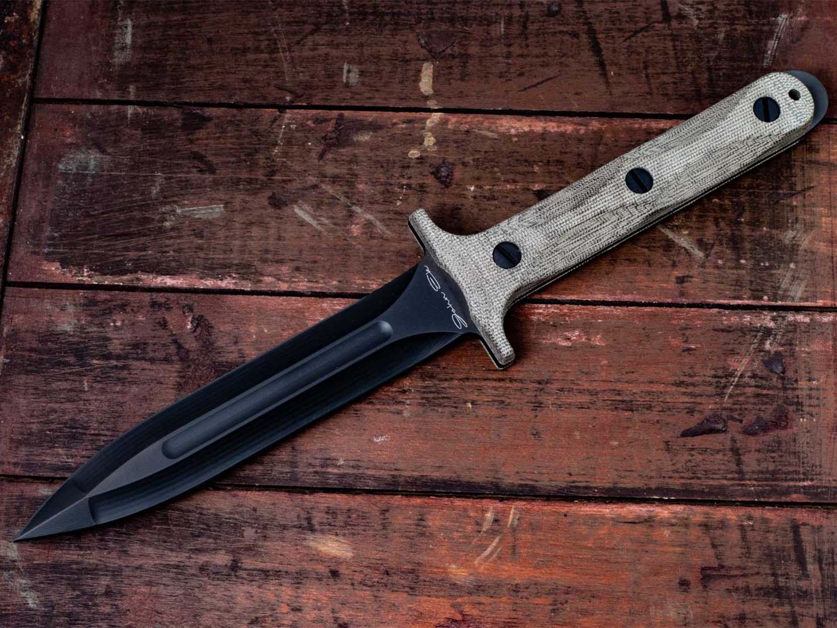 ExpProductCell_Rick Hinderer Knives "EK" Dagger-Hollow Ground-CPM 3V DLC Black-OD Green Micarta