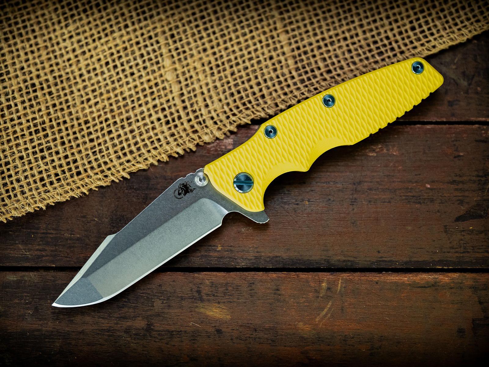 Eklipse-S45VN-Harpoon Spanto-Stonewash Blade-Battle Bronze-Yellow G10-Blue Ti Hardware Eklipse-S45VN-Harpoon Spanto-Stonewash Blade-Battle Bronze-Yellow G10-Blue Ti Hardware
