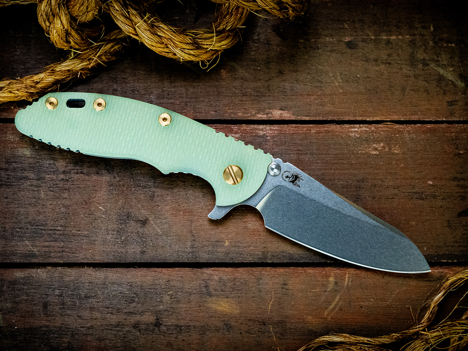 XM-18 3.5"-S45VN-Sheepsfoot-Stonewash Light Blue-Translucent Green G10-Brass Hardware-LEFT HANDED