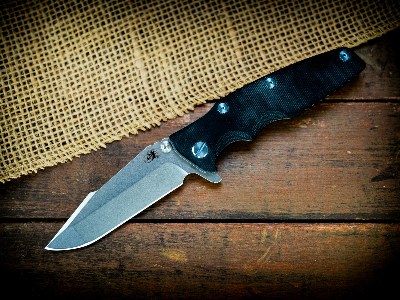 Eklipse-S45VN-Harpoon Spanto-Stonewash Blade-Bead Blast Bronze-Smooth Black Micarta-Light Blue Ti hardware Eklipse-S45VN-Harpoon Spanto-Stonewash Blade-Bead Blast Bronze-Smooth Black Micarta-Light Blue Ti hardware