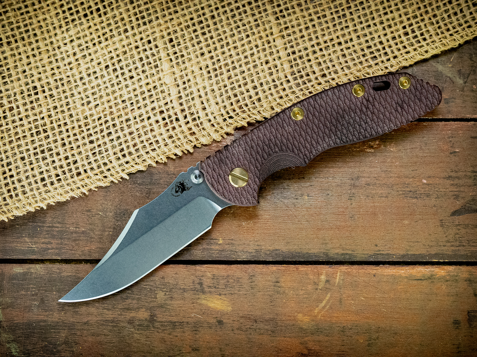 XM-18 3.5"-Non Flipper-Bowie-Stonewash Bronze-Textured Burgundy Micarta-Brass Hardware XM-18 3.5"-Non Flipper-Bowie-Stonewash Bronze-Textured Burgundy Micarta-Brass Hardware