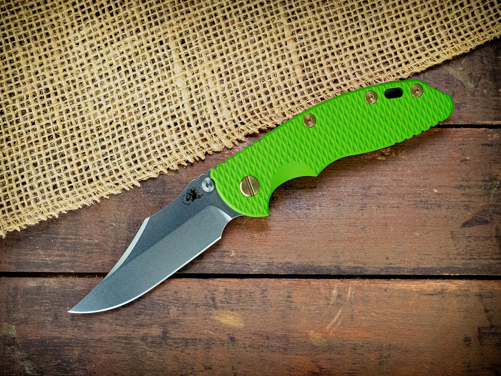XM-18 3.5"-Non Flipper-Bowie-Stonewash Green/Gold-Lime Green G10-Brass Hardware XM-18 3.5"-Non Flipper-Bowie-Stonewash Green/Gold-Lime Green G10-Brass Hardware