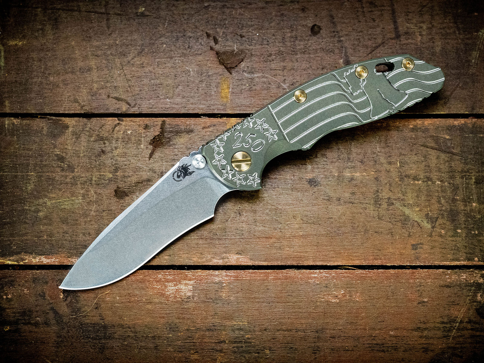 ExpProductCell_XM-18 3.5" Recurve-Non Flipper-Magnacut-Liberty Bell Battle Green-Brass Hardware ExpProductCell_XM-18 3.5" Recurve-Non Flipper-Magnacut-Liberty Bell Battle Green-Brass Hardware
