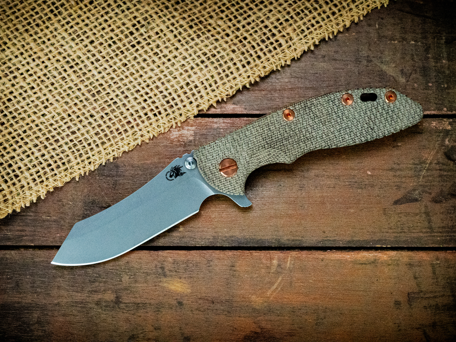 XM-18 3.5"-S45VN-Skinner-Battle Bronze-Textured OD Green Micarta-Copper Hardware XM-18 3.5"-S45VN-Skinner-Battle Bronze-Textured OD Green Micarta-Copper Hardware