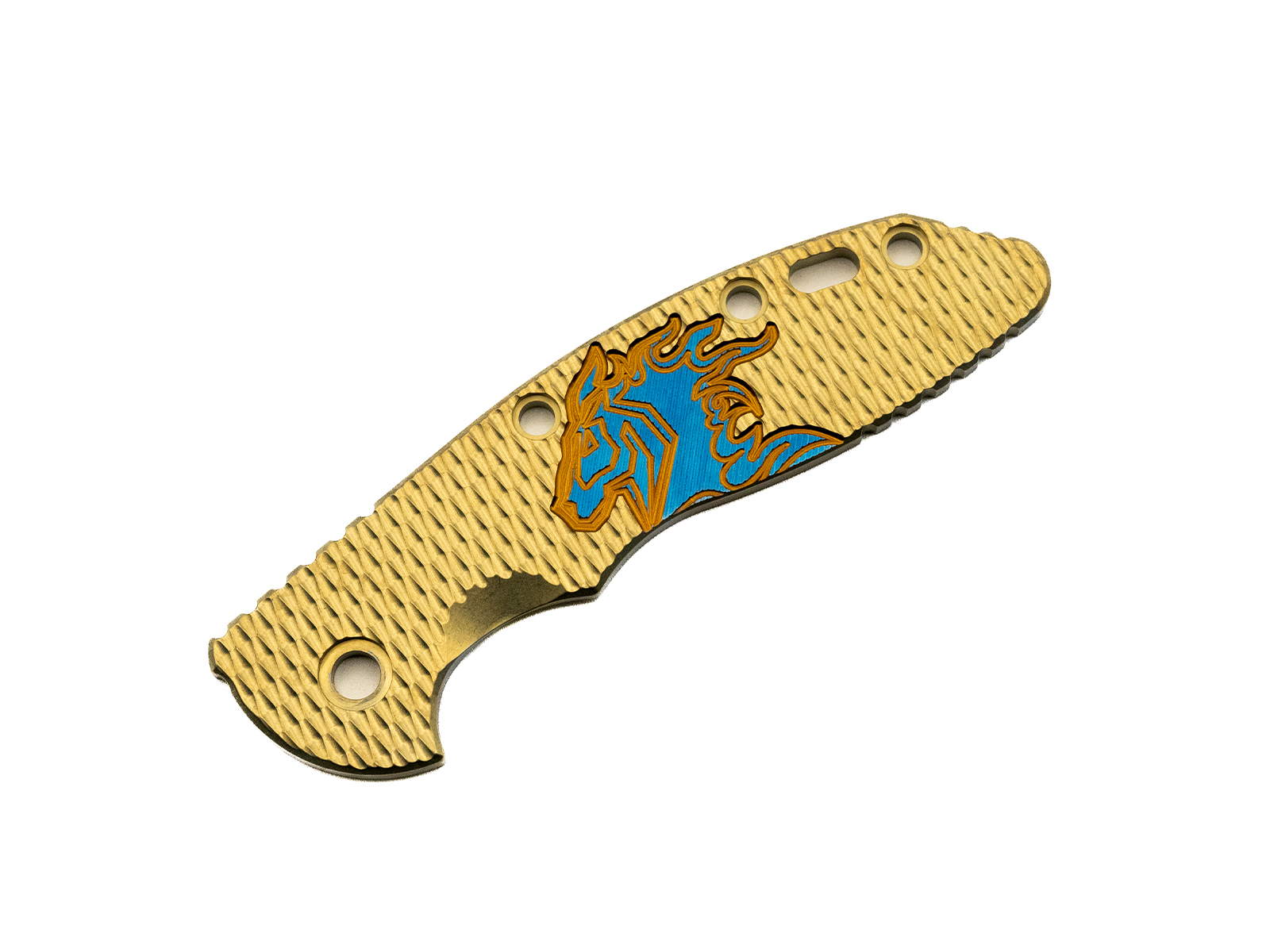 3.5" XM18 Titanium Scale-Milled Horse Head Logo-Textured-Stonewash Gold-Bronze/Blue 3.5" XM18 Titanium Scale-Milled Horse Head Logo-Textured-Stonewash Gold-Bronze/Blue