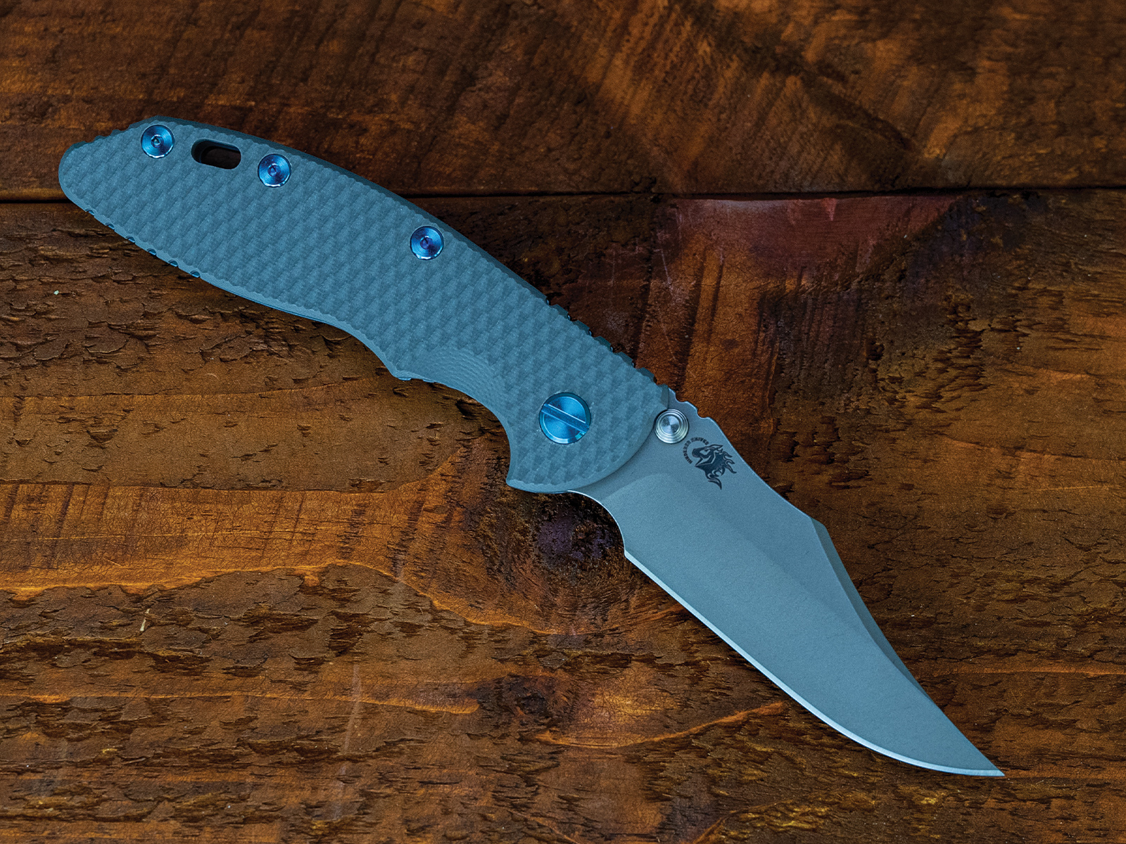 XM-18 3.5" Non-Flipper Bowie-S45VN-Working Finish Blue-Grey G10-Blue Ti Hardware-Left Handed XM-18 3.5" Non-Flipper Bowie-S45VN-Working Finish Blue-Grey G10-Blue Ti Hardware-Left Handed