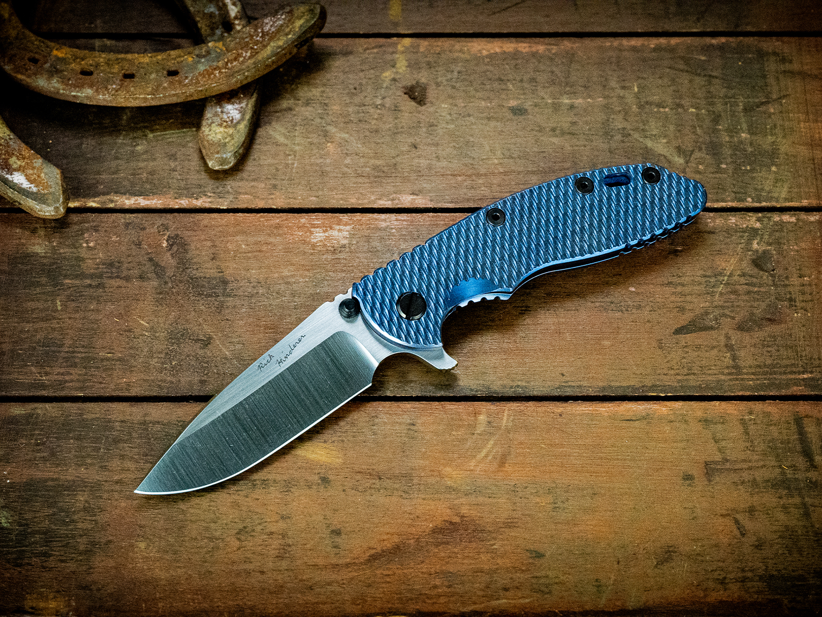 ExpProductCell_Rick Hinderer Custom - XM-18 3.5 - Spearpoint - Full Textured Titanium Stonewash Blue - Black Nitride Hardware