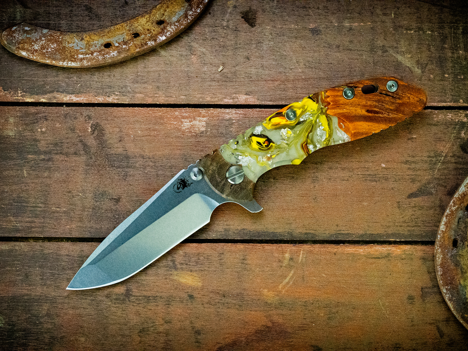 ExpProductCell_XM-18 3.5" Spanto-Stonewash Green/Gold-Wood/Resin-Ti/Yellow Standoffs