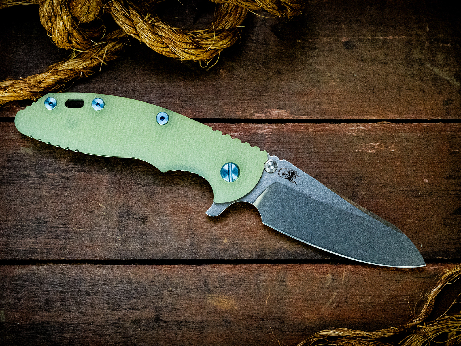 XM-18 3.5"-S45VN-Sheepsfoot-Stonewash Light Green/Gold-Translucent Green G10-Blue Ti Hardware-LEFT HANDED