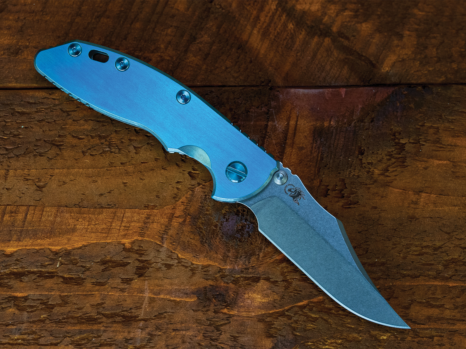 XM-18 3.5" Non-Flipper Bowie-S45VN-Satin Full TI Blue Ano-Blue TI Hardware-Left Handed XM-18 3.5" Non-Flipper Bowie-S45VN-Satin Full TI Blue Ano-Blue TI Hardware-Left Handed