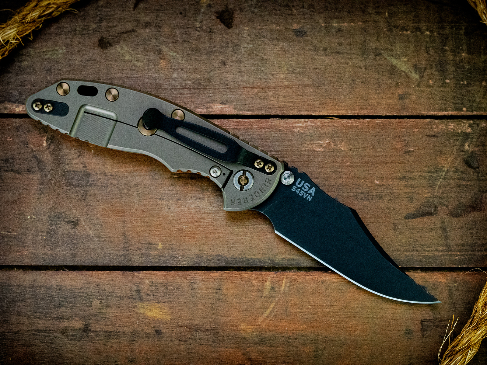 XM-18 3.5"-Non Flipper-Bowie-Battle Black Blade-Bead Blast Bronze-Smooth Natural Micarta-Bronze Ti Hardware XM-18 3.5"-Non Flipper-Bowie-Battle Black Blade-Bead Blast Bronze-Smooth Natural Micarta-Bronze Ti Hardware