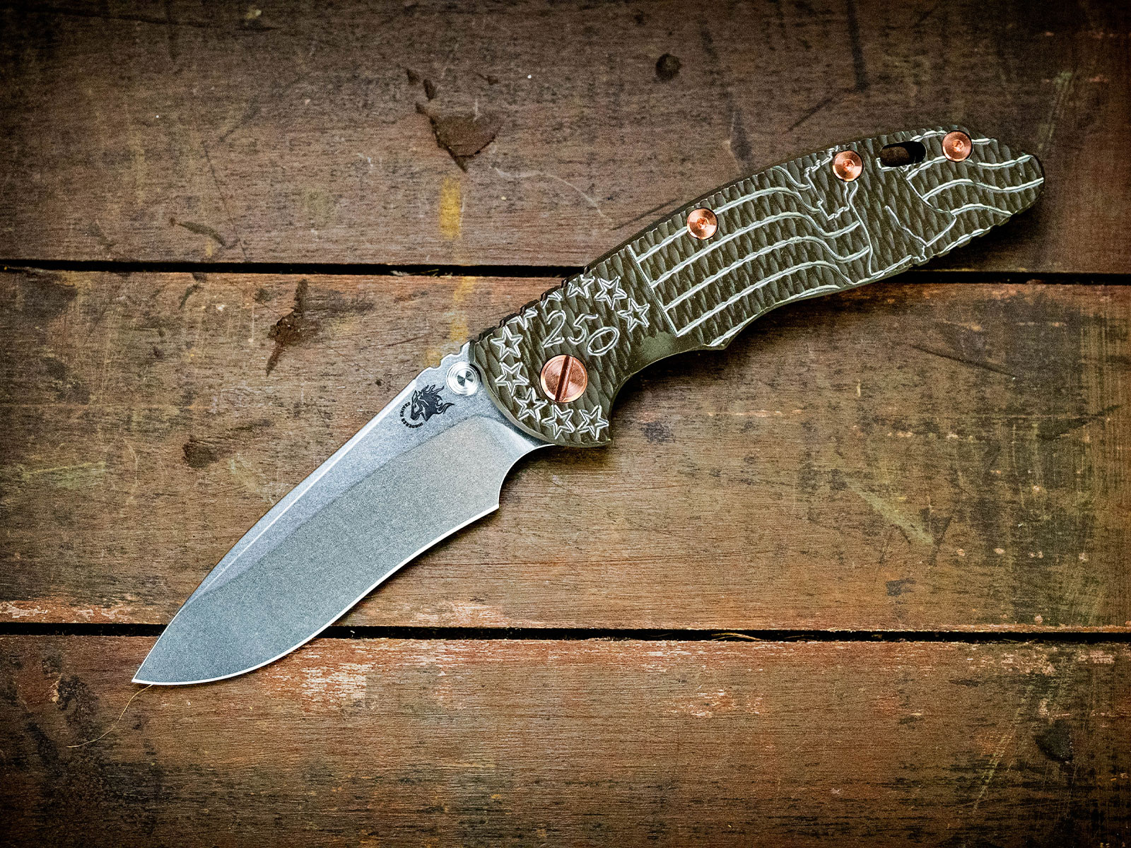 ExpProductCell_XM-18 3.5" Recurve-Non Flipper-Magnacut-Liberty Bell Textured Battle Bronze-Copper Hardware ExpProductCell_XM-18 3.5" Recurve-Non Flipper-Magnacut-Liberty Bell Textured Battle Bronze-Copper Hardware