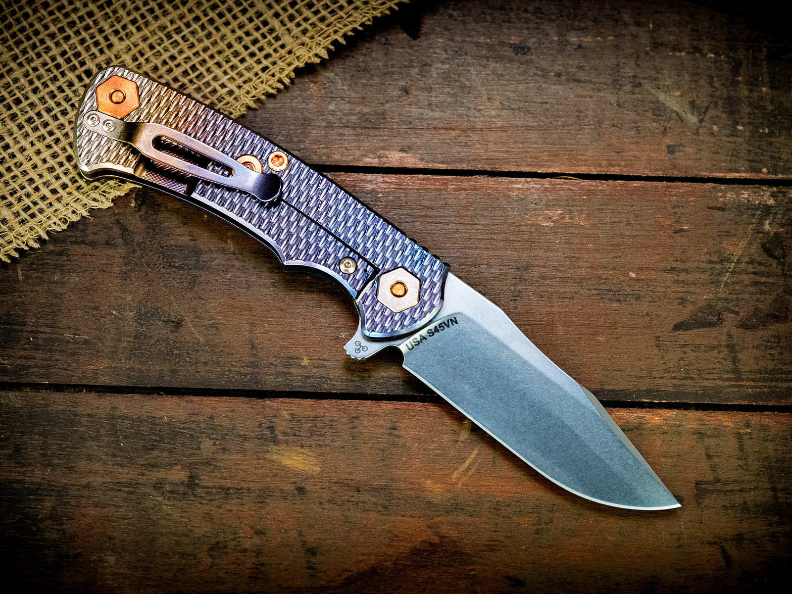 Project X-Clip Point-S45VN-Stonewash-Special Ano-Black Micarta-Copper Hardware Project X-Clip Point-S45VN-Stonewash-Special Ano-Black Micarta-Copper Hardware