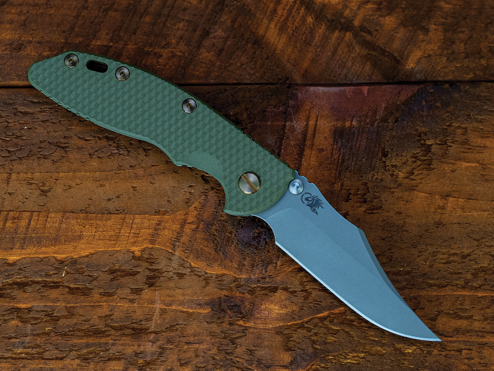 ExpProductCell_XM-18 3.5" Non-Flipper Bowie-S45VN-Battle Green-Translucent Green G10-Bronze Titanium Hardware-Left Handed